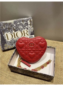Di.orAMOUR Di.or CARO HEART POUCH WITH CHAIN Cannage Calfskin with Heart Motif Red High